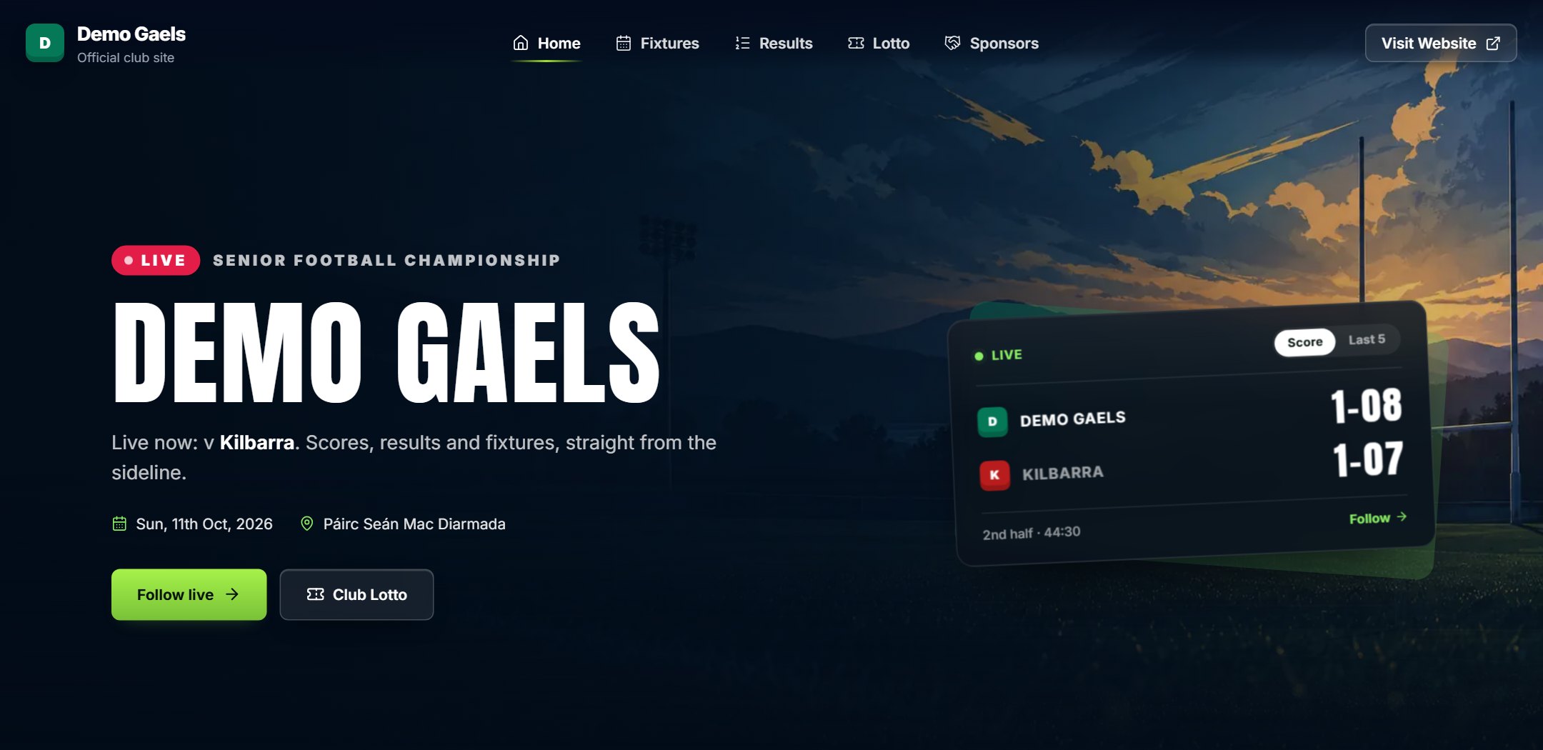 A club's public page during a match: the live score, the date and venue, Follow live and Club Lotto