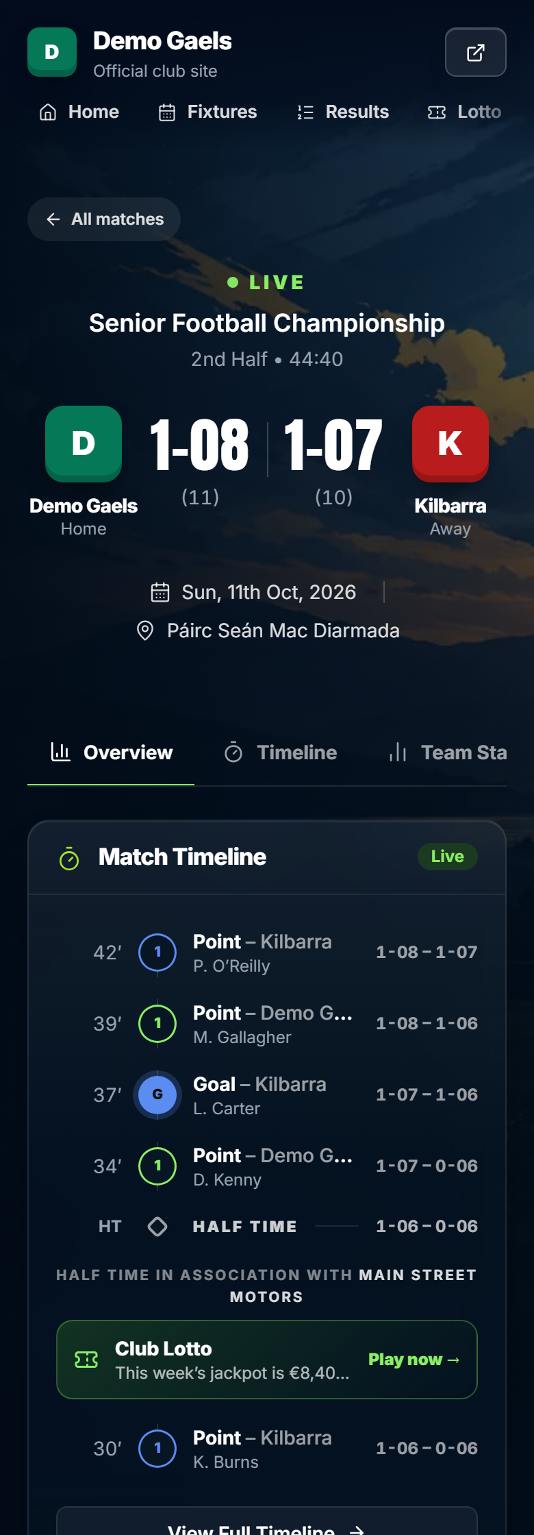 The match centre on a phone: the live score, the timeline, and half time in association with the club's sponsor and lotto